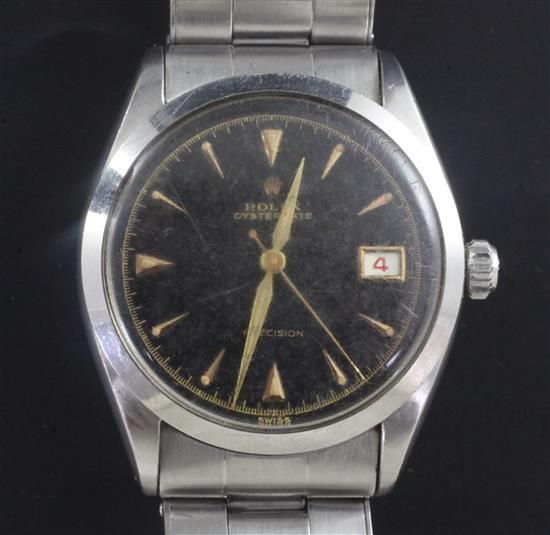 A gentlemans 1950s stainless steel Rolex Oysterdate Precision manual wind wrist watch,
